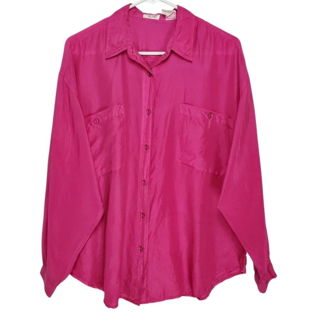 2533 * Anchor Blue Vintage Oversized Button Down Silk Shirt Fuchsia Pink Size M